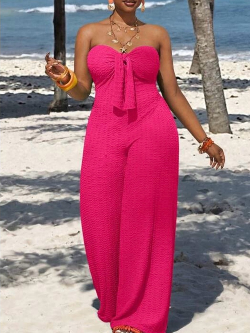 SHEIN Hot Pink Strapless Tie-Front Wide-Leg Jumpsuit